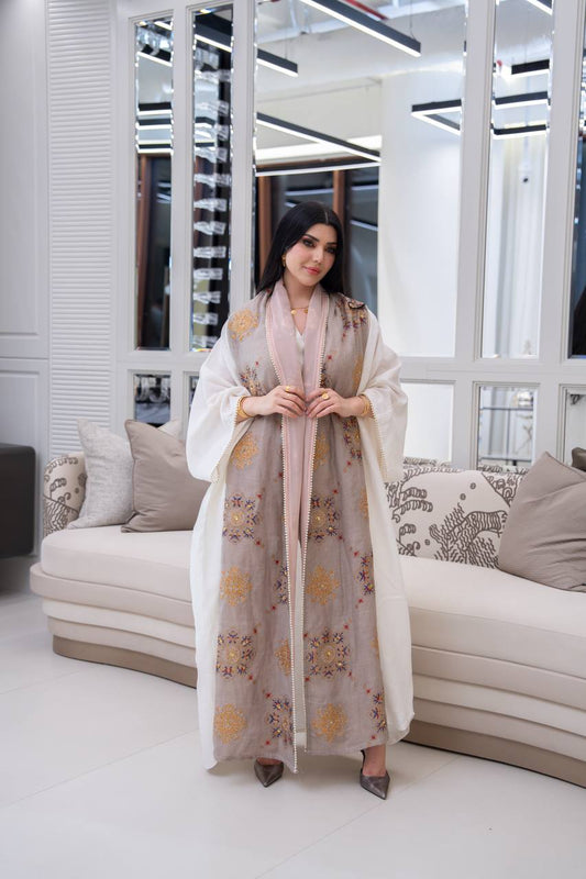 Linen bisht abaya with beading and embroidery.C;1049