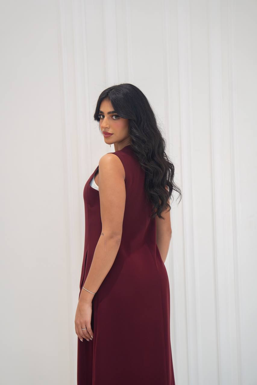 burgundy crepe dress.C;1071
