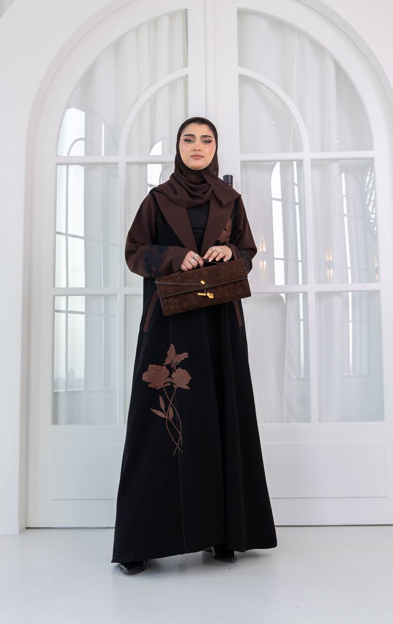 Black crepe abaya with brown embroidery. C:1083