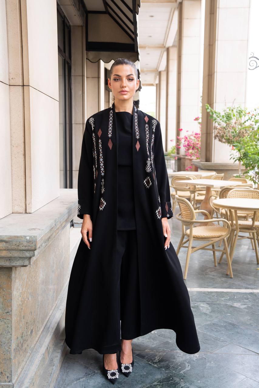 Black crepe abaya with embroidery. C:1090