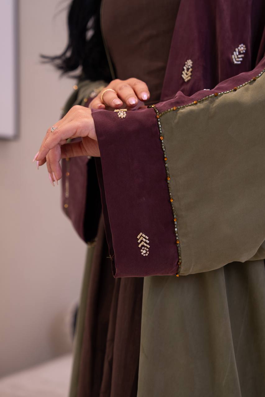 Olive green silk crepe bisht with beading and embroidery. C:1086