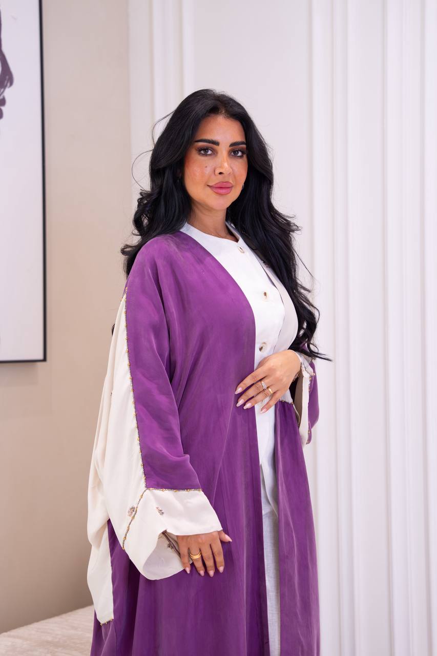 Purple silk crepe bisht with beading and embroidery. C:1086