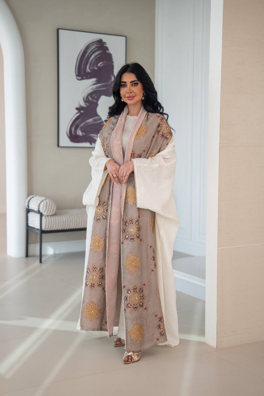 Linen bisht abaya with beading and embroidery