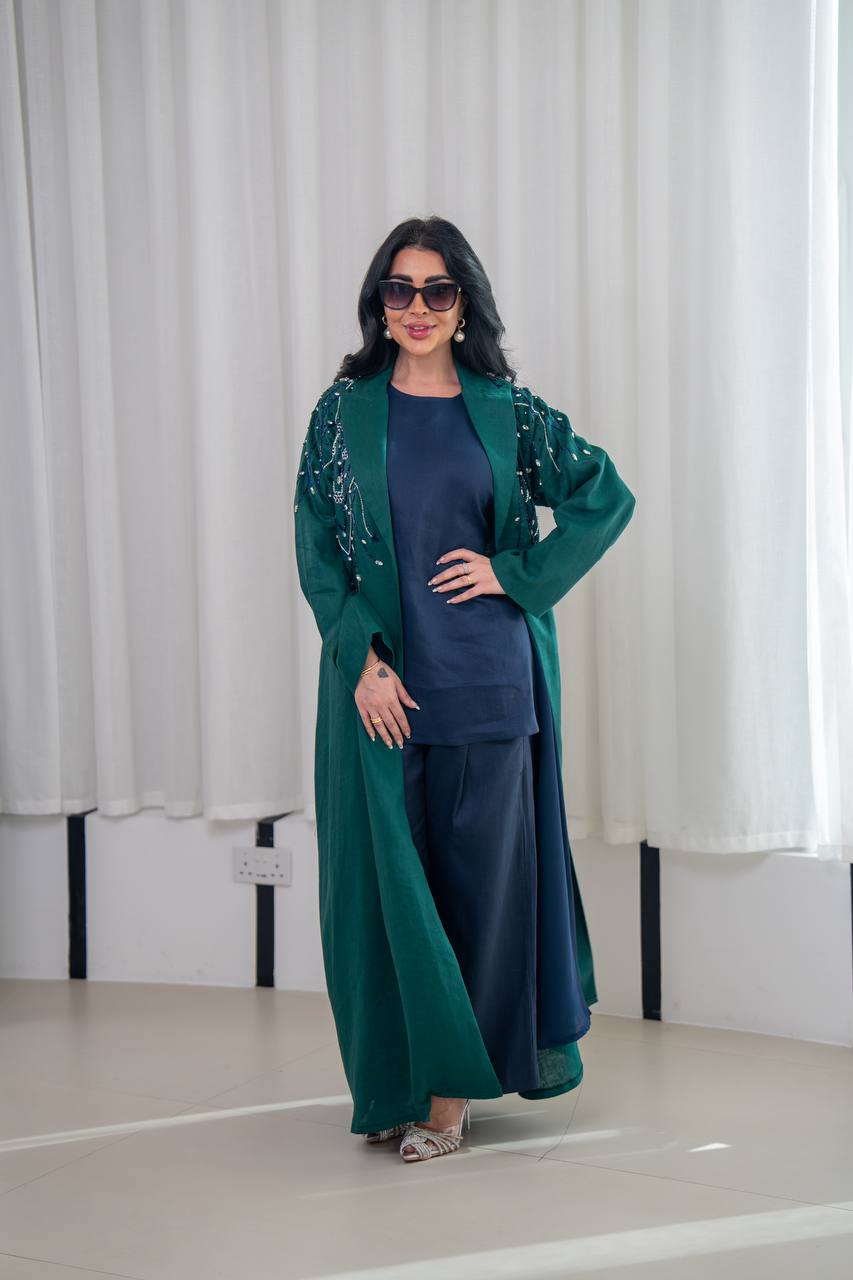 Green linen blazer abaya with hand-stitched details
