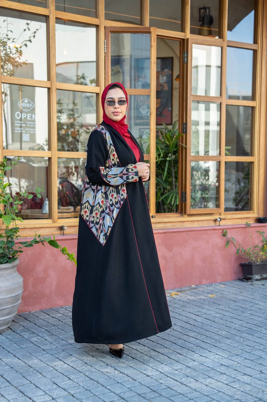 Black crepe abaya with embroidery.C;1062