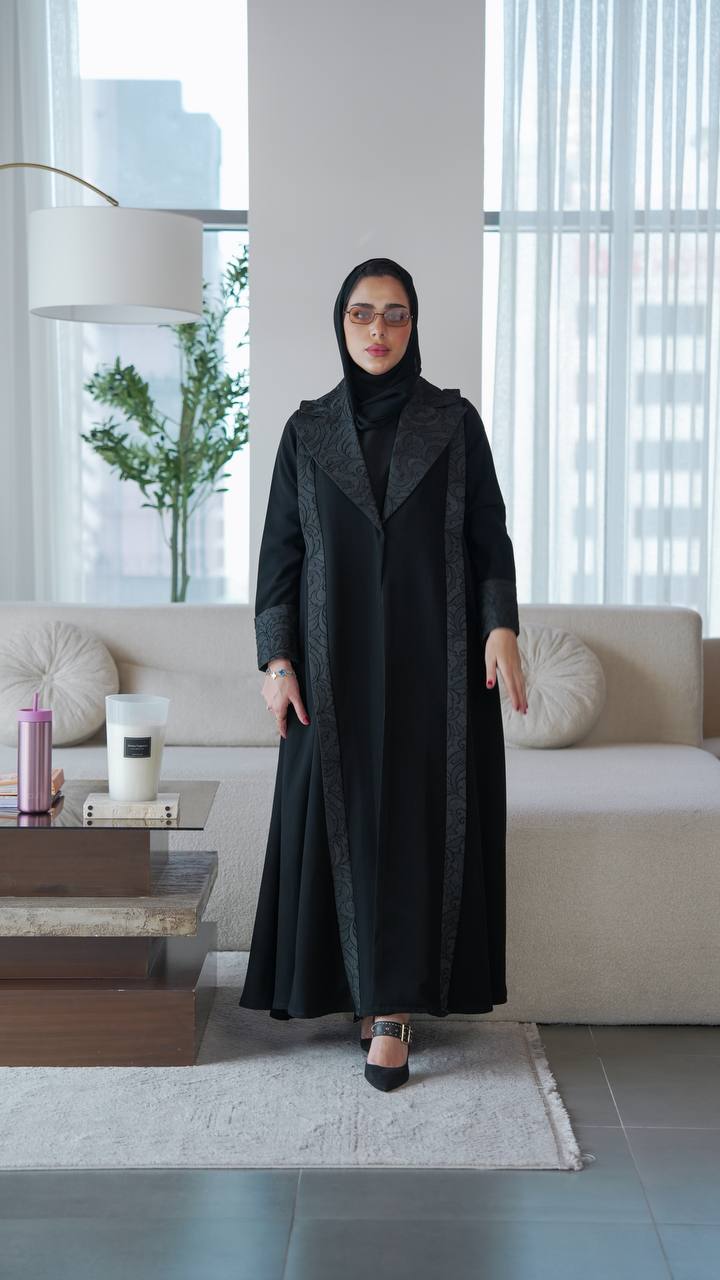 Black crepe abaya with jacquard.C:1078