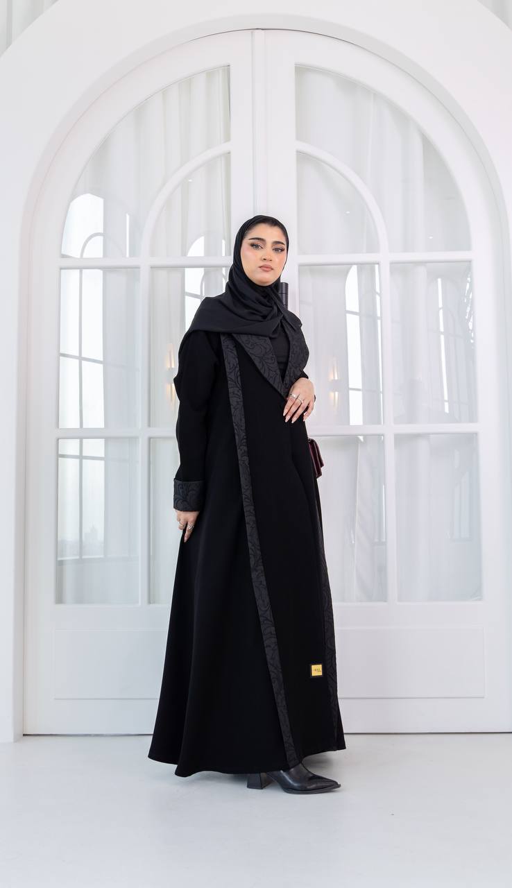 Black crepe abaya with jacquard. C:1082