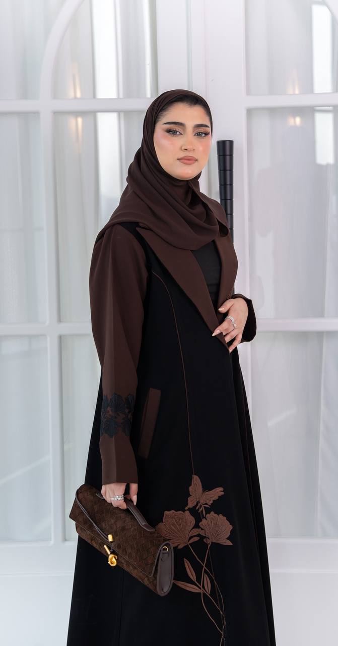 Black crepe abaya with brown embroidery. C:1083