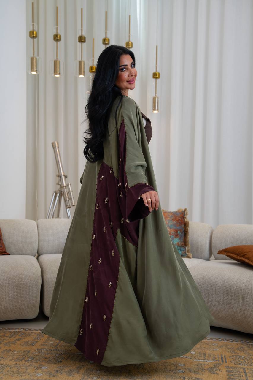 Olive green silk crepe bisht with beading and embroidery. C:1086