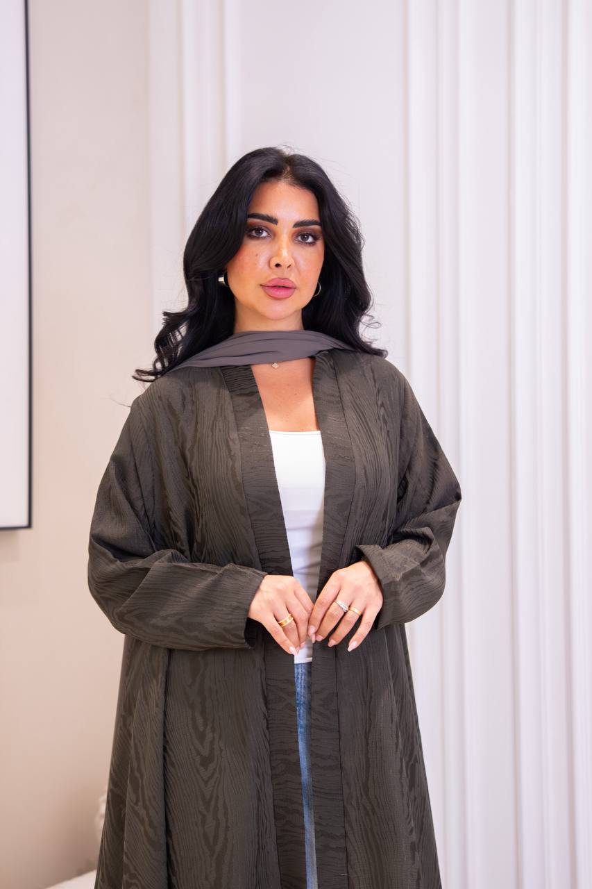 Jacquard fabric abaya in olive green. C:1095