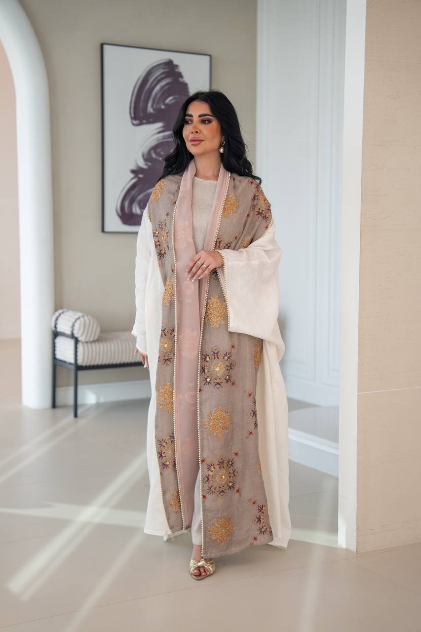 Linen bisht abaya with beading and embroidery