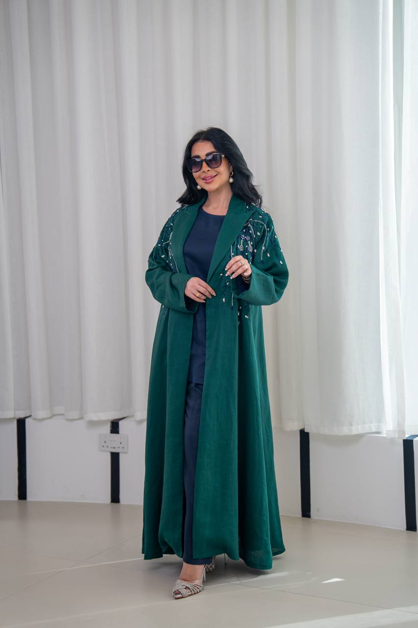 Green linen blazer abaya with hand-stitched details