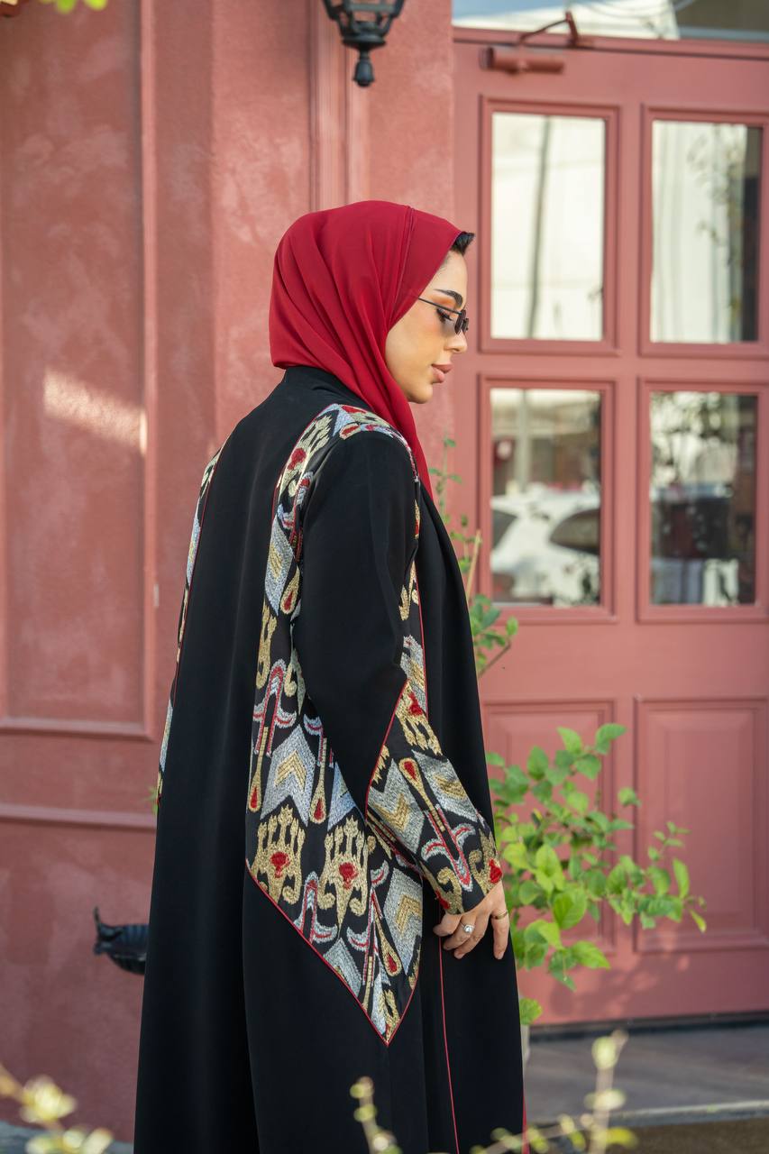 Black crepe abaya with embroidery.C;1062