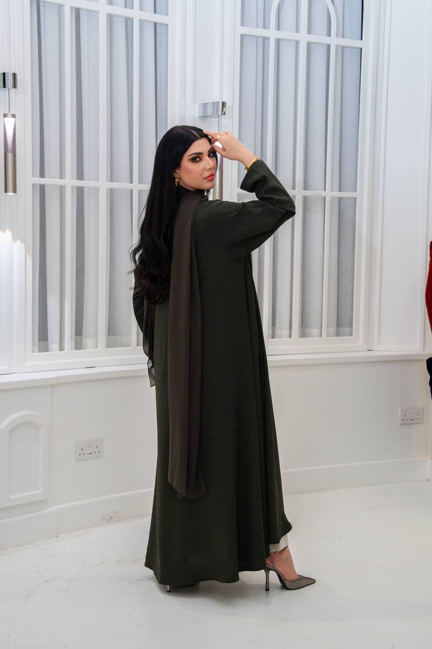 Olive green crepe blazer abaya.C;1067
