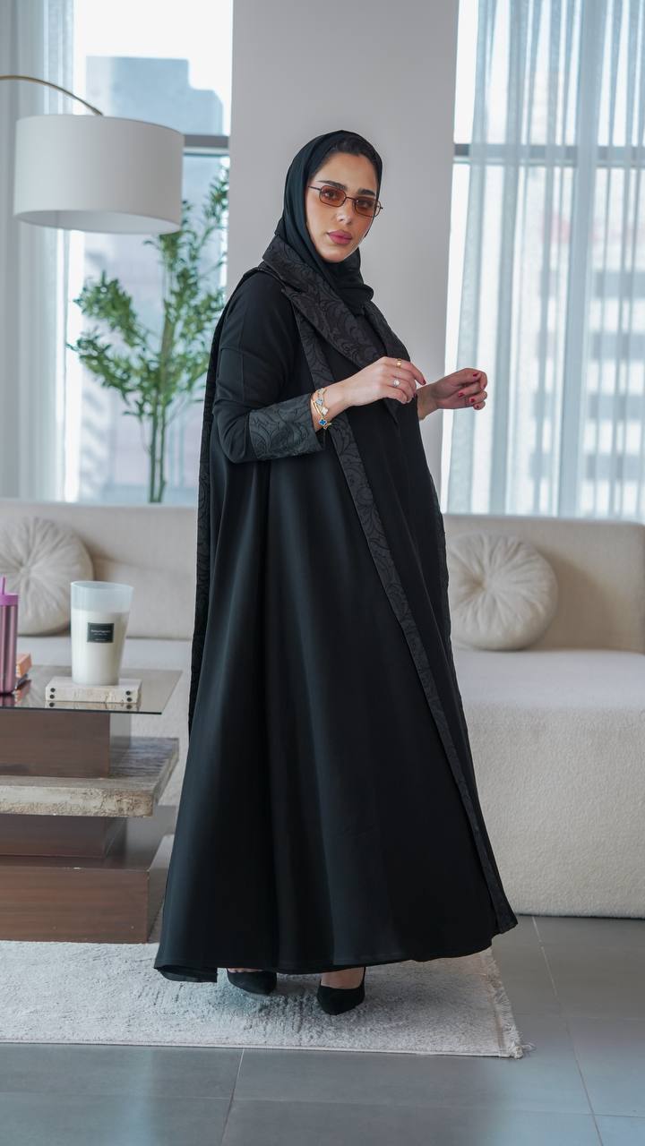 Black crepe abaya with jacquard.C:1078
