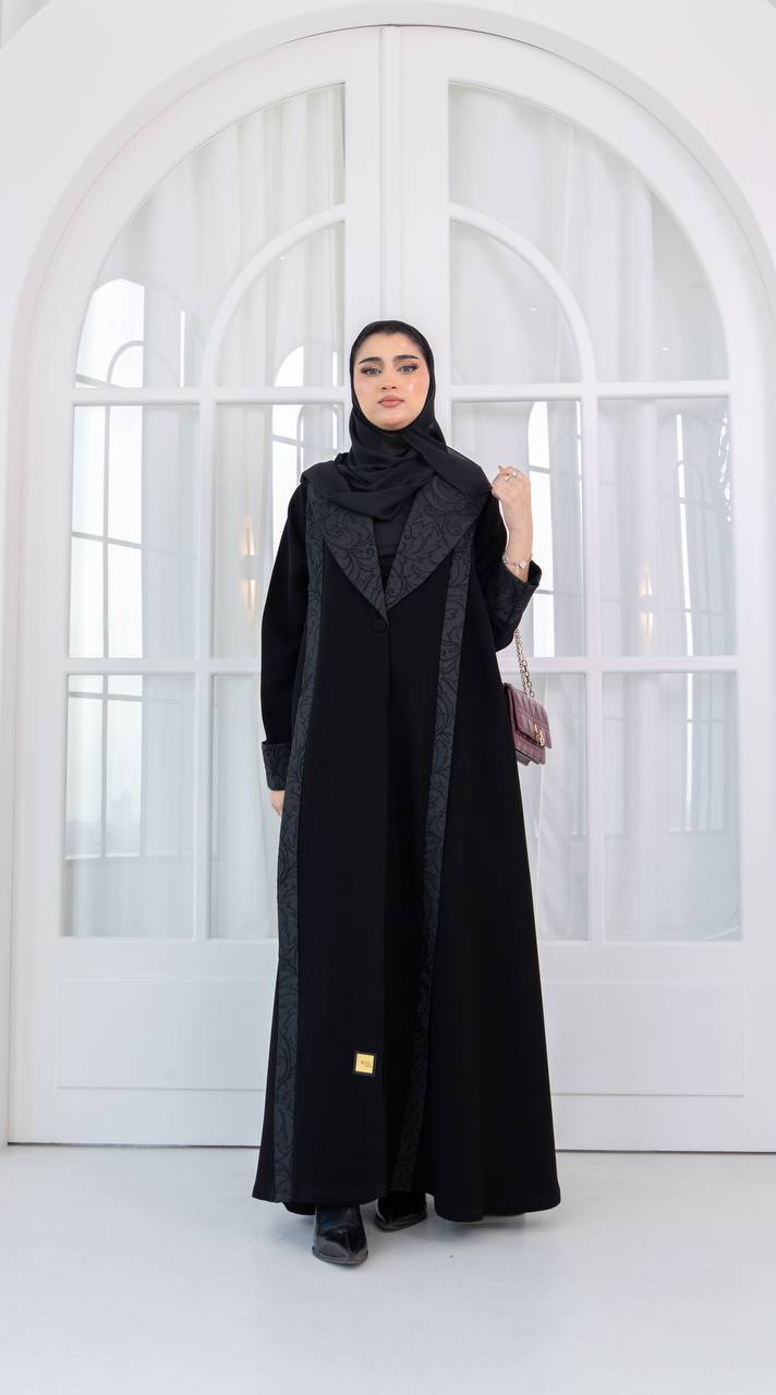 Black crepe abaya with jacquard. C:1082