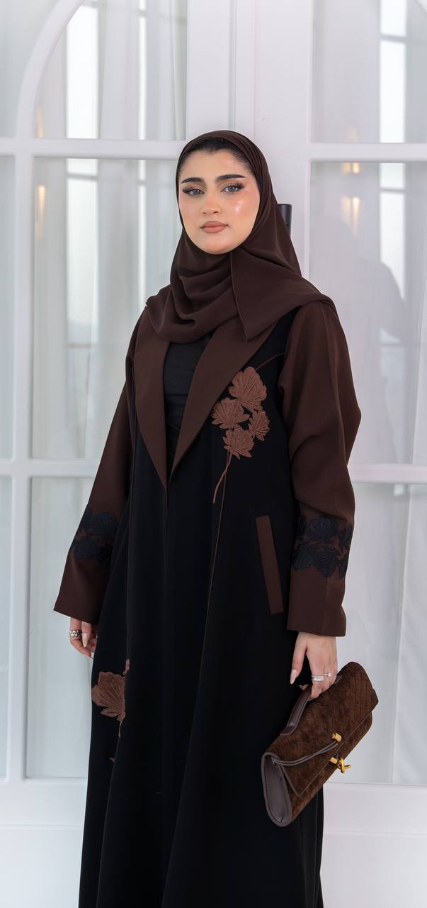 Black crepe abaya with brown embroidery. C:1083