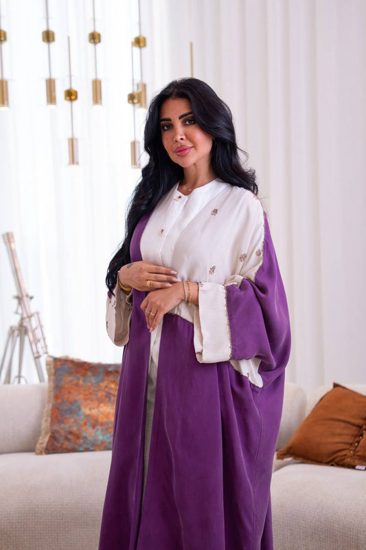 Purple silk crepe bisht with beading and embroidery. C:1086